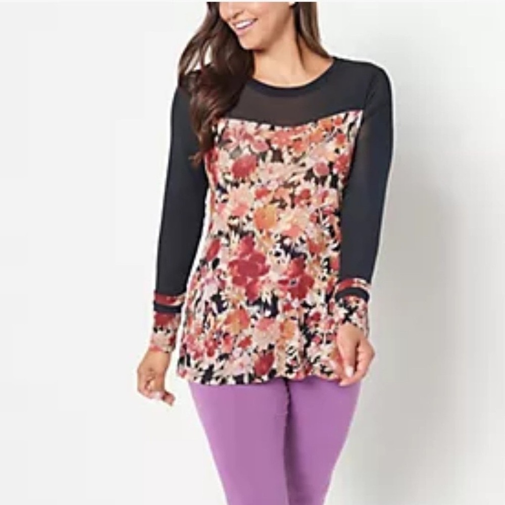 LOGO Layers Lori Goldstein Floral Mesh Yoke Tunic Top Black Multi Colored Sz L